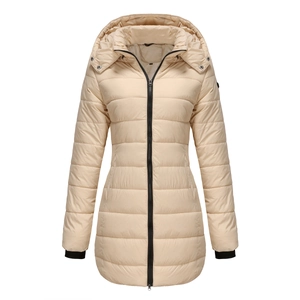 Detail view of water-resistant beige puffer coat with hood and black contrast zippers