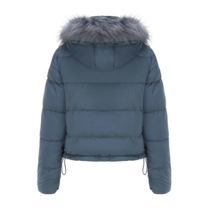 Rear view of short blue winter jacket with plush faux fur trim on detachable hood