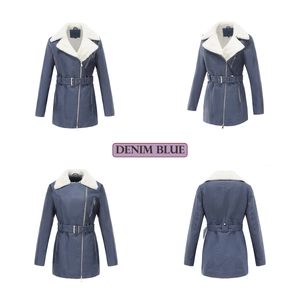 Front and back views of denim blue long sleeve leather jacket with fleece collar and belt