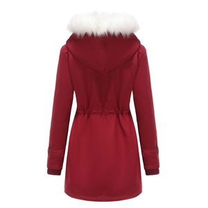 Detail view of the burgundy parka back showing drawstring waist and faux fur hood