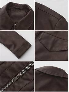 Detailed views of dark brown faux leather jacket featuring silver zipper and stitching