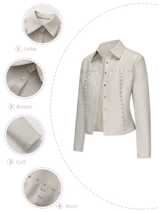 Detail view of studded faux leather jacket featuring rivets, collar, buttons and cuffs