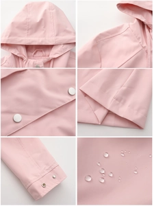 Detail shots of pink hooded waterproof jacket showing metal snaps and drawstring features