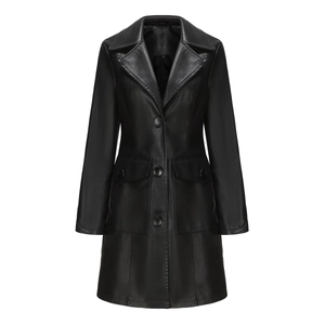 Detail of black long leather trench coat with notched lapels and flap pockets
