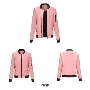 Detailansicht der Vorder- und Rückseite der rosa Bomberjacke mit schwarzen Rippbündchen