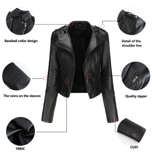 Detail view of black faux leather jacket showing rivet shoulders and metal zipper texture