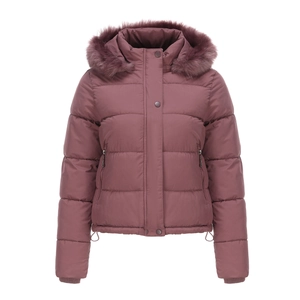 Close-up of women's dusty pink padded jacket with plush faux fur hood and zipper details