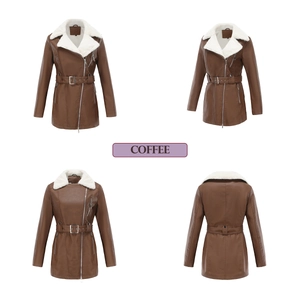 Detailed views of coffee faux leather jacket with white shearling collar and waist belt