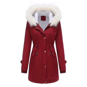 Detail of dark red winter parka featuring detachable white faux fur collar and plush lining
