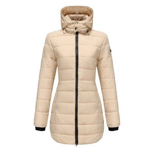 Detail of water-resistant light khaki parka showing black zipper and windproof ribbed cuffs