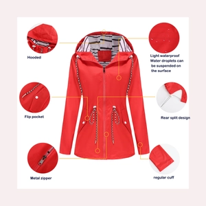 Detail shots of red hooded raincoat with waterproof fabric and striped lining accents