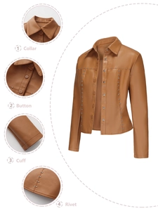 Detail view of tan faux leather jacket showing collar, buttons, cuffs, and silver rivets