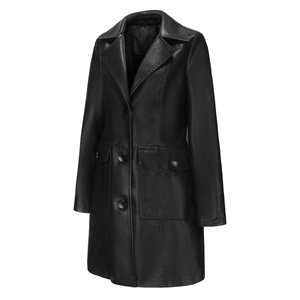 Detail of classic lapel and large button design on women's long black faux leather trench coat