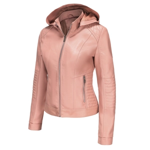 Close-up of the horizontal quilted stitching and zipper detail on this pink leather jacket