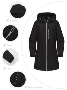 Schwarze wasserabweisende Windjacke für Damen mit Kapuze, Reißverschluss und Bündchen