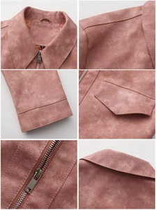 Detail view of pink faux suede jacket featuring metal zipper and premium stitching