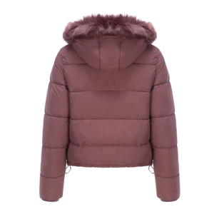 Rear view of winter puffer jacket with large faux fur hood and quilted bordeaux fabric
