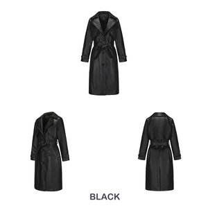 Drievoudig zicht van dames lange zwarte PU-lederen trenchcoat met riem en klassieke revers