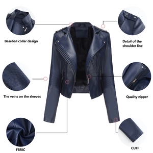 Detail view of navy blue faux leather jacket featuring baseball collar and metal zippers