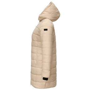 Detailed side view of beige quilted winter parka with windproof cuffs and hood