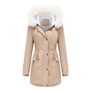 Detail of winter parka with fluffy faux fur hood and warm sherpa fleece lining inside