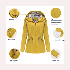Detail view of yellow waterproof raincoat with metal zipper and striped lining