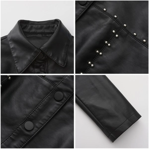 Detail view of smooth black leather jacket featuring silver rivets and matte round buttons