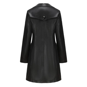 Back view of a long black faux leather trench coat with a buttoned storm flap and sleek seams