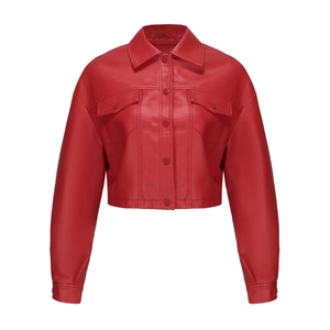 Detail of red faux leather jacket featuring button-down front and flap chest pockets