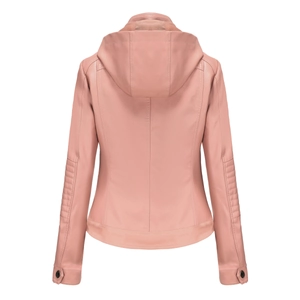 Rear view of a pink hooded faux leather jacket with detailed stitching on sleeves