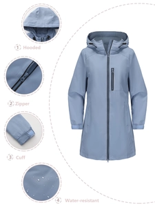 Details einer Outdoor-Windjacke mit Kapuze, Reißverschlusstasche und Bündchen