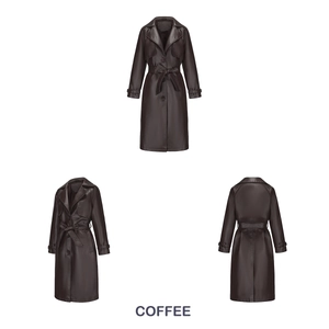Drie-weg aanzicht van koffiebruine PU-leren trenchcoat met ceintuur en reverskraag