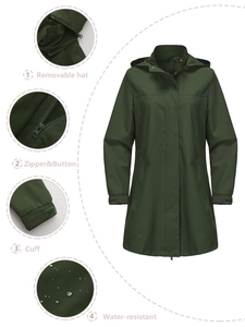 Détail du coupe-vent imperméable vert foncé avec capuche amovible et poignets ajustables