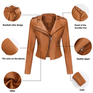 Detailed views of brown PU leather biker jacket with rivets and quilted sleeve texture