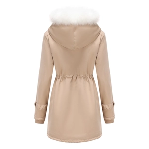 Rear view of women's parka featuring white faux fur hood trim and adjustable drawstring waist