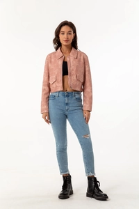 Fashionable pink faux leather cropped jacket with lapel and zip details for women