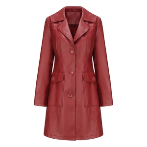 Detail shot of wine red leather trench coat featuring lapel collar and button closure
