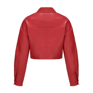 Back view detail of women's short red leather jacket featuring precise stitching lines