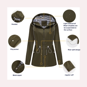 Detail view of army green hooded raincoat with striped lining and waterproof metal zipper