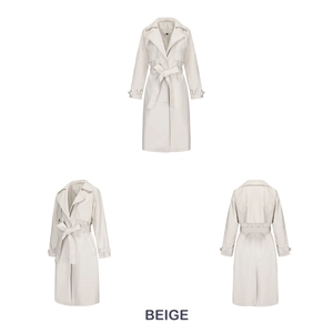Driezijdige weergave van een beige lange trenchcoat met ceintuur en klassieke revers