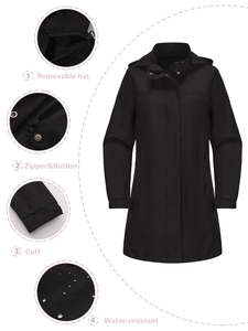 Détails du tissu imperméable et de la capuche amovible sur un coupe-vent noir pour femme