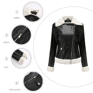 Veste femme en similicuir noir avec col en peluche et fermeture éclair asymétrique