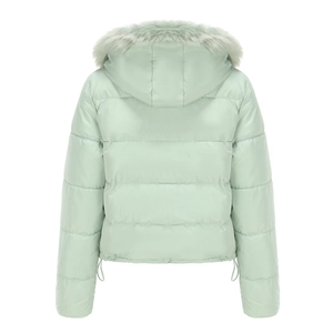 Rear view of mint green winter coat with fluffy faux fur collar and quilted texture