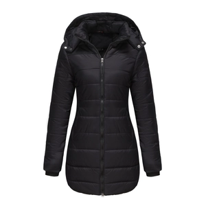 Detail of water-resistant black quilted puffer coat with drawstring hood and ribbed cuffs