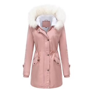 Detailed view of pink winter parka featuring fluffy white faux fur lining and drawstring waist