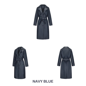 Drie aanzichten van de marineblauwe lange PU-lederen trenchcoat met tailleriem en revers