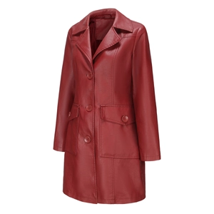 Detail of dark red leather coat showing classic lapel, large flap pockets and texture