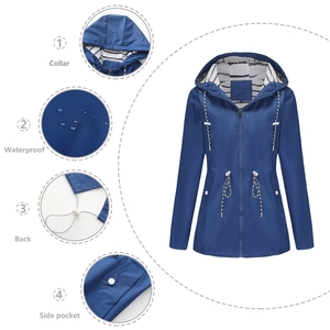 Close-up of waterproof royal blue raincoat with striped hood lining and adjustable drawstrings