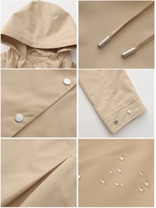 Detailed views of khaki hooded windbreaker showing waterproof fabric and metal hardware