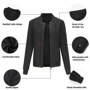 Detailansicht der schwarzen Bomberjacke mit Baseballkragen, Metallreißverschluss und Rippbündchen
